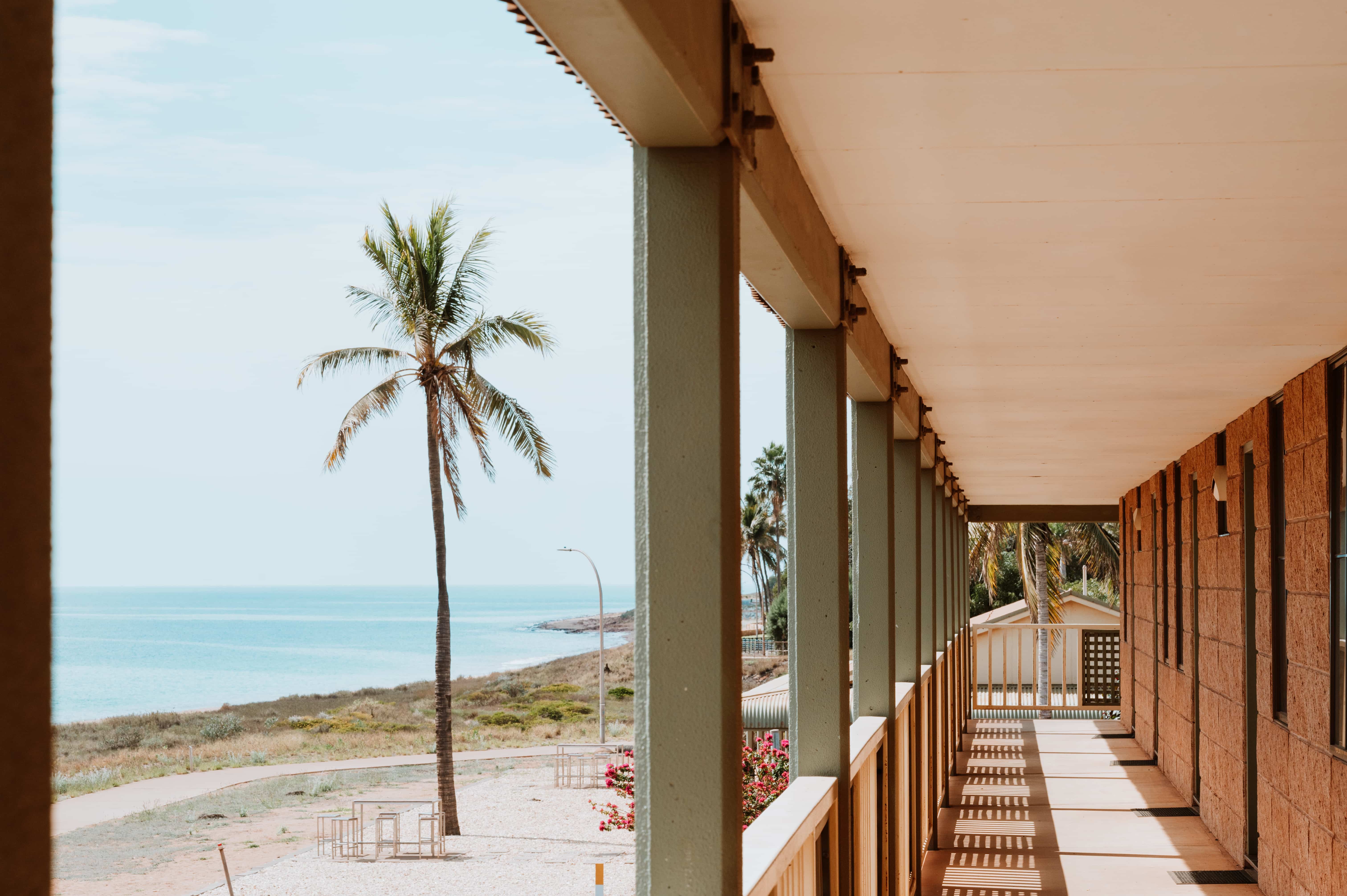 a view from the balcony of the hedland hotel showing a palm tree in the foreground and the beach and blue sky in the background