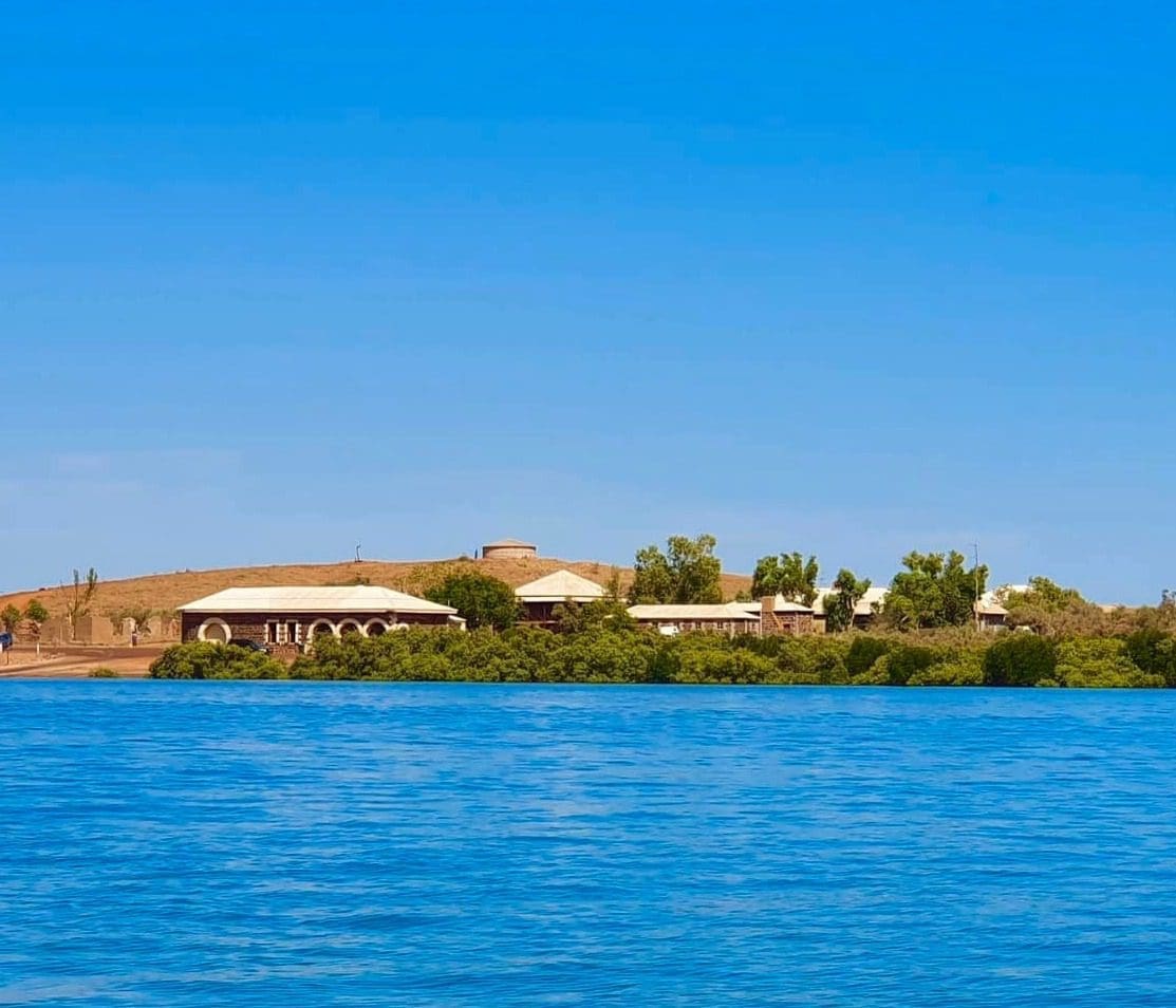An image of Cossack Town from across the water
